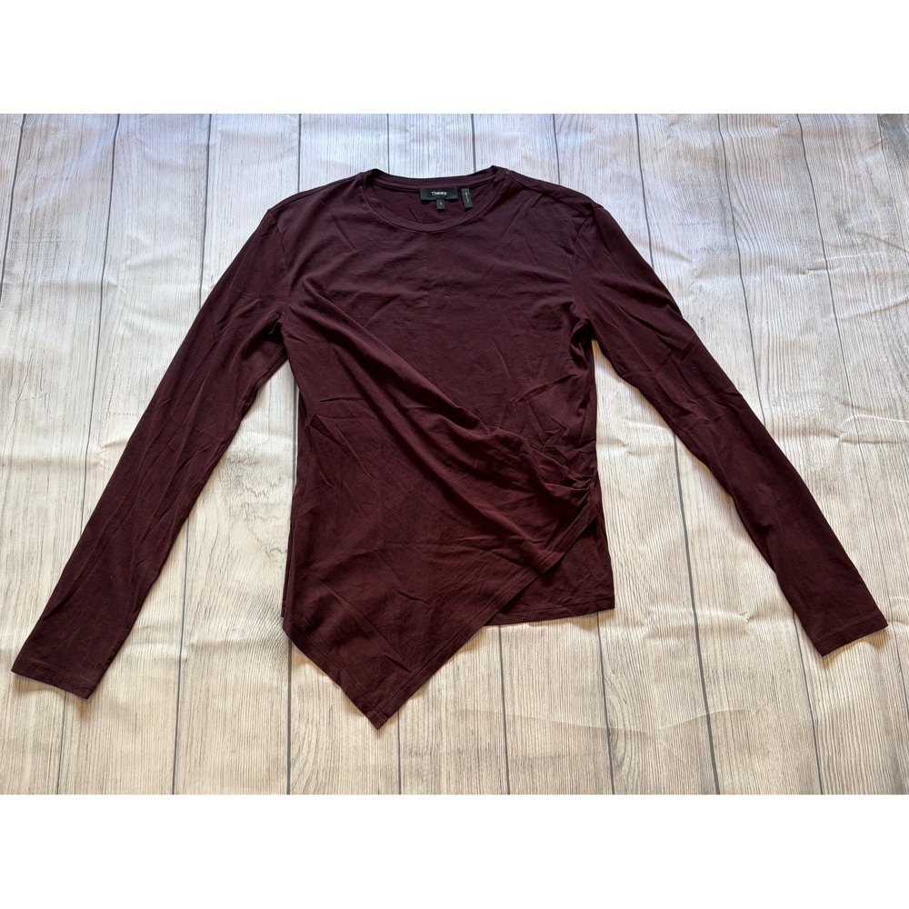 Theory Womens S Deep Burgundy Pima Cotton Asymmetric Drape Long Sleeve Top
